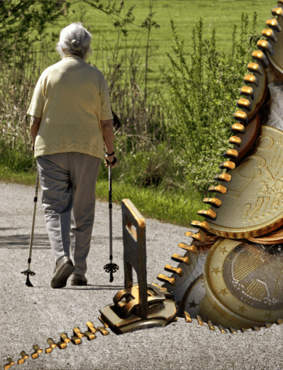 Uma senhora caminhando por uma estrada, com um fecho abrindo moedas, representando Previdência privada ou Tesouro Direto